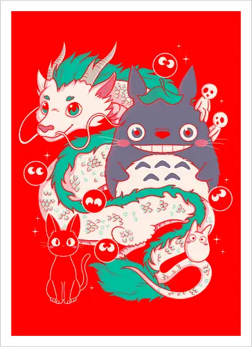 Magical Beings - fantasy, magic, spirits, dragon, forest, kawaii, cute, anime, manga, yokai, creatures, mythical, legend, fantastic, whimsical, adventure, nature, forestcore, cottagecore, spirit, cartoon, illustration, aesthetic, retro, nostalgia, magical, cozy, dreamy, folklore - Kunstdruck