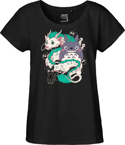 Magical Beings - fantasy, magic, spirits, dragon, forest, kawaii, cute, anime, manga, yokai, creatures, mythical, legend, fantastic, whimsical, adventure, nature, forestcore, cottagecore, spirit, cartoon, illustration, aesthetic, retro, nostalgia, magical, cozy, dreamy, folklore - Fairtrade Girl Shirt