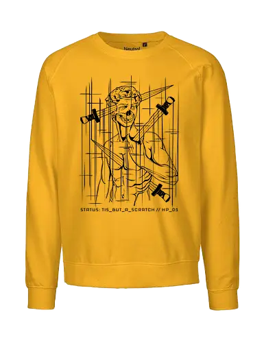STATUS: TIS_BUT_A_SCRATCH // black_knight.exe - cyberpunk, gaming, gamer humor, tis but a scratch, 1 hp, dark art, glitch art, michelangelo david, geek, nerd, rrg.exe, system error, tech cynic, computer bug, vaporwave greece - Fairtrade Sweatshirt
