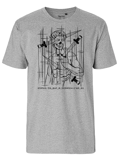 STATUS: TIS_BUT_A_SCRATCH // black_knight.exe - cyberpunk, gaming, gamer humor, tis but a scratch, 1 hp, dark art, glitch art, michelangelo david, geek, nerd, rrg.exe, system error, tech cynic, computer bug, vaporwave greece - Fairtrade T-Shirt