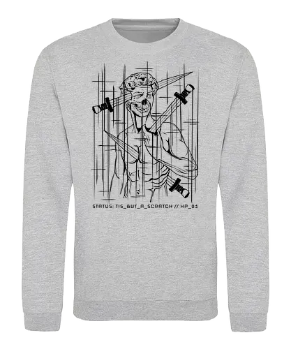 STATUS: TIS_BUT_A_SCRATCH // black_knight.exe - cyberpunk, gaming, gamer humor, tis but a scratch, 1 hp, dark art, glitch art, michelangelo david, geek, nerd, rrg.exe, system error, tech cynic, computer bug, vaporwave greece - Sweatshirt