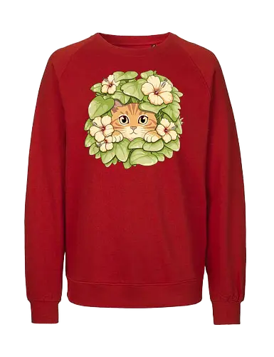 Garden Cat - cat, garden, botanical, plants, flowers, hibiscus, floral, nature, cottagecore, botanic, green, tropical, leaf, foliage, cute, kawaii, feline, pet, cozy, spring, illustration, aesthetic, vintage, whimsical, forest, bloom, peaceful, adorable, art, nursery - Fairtrade Sweatshirt