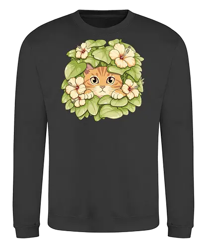 Garden Cat - cat, garden, botanical, plants, flowers, hibiscus, floral, nature, cottagecore, botanic, green, tropical, leaf, foliage, cute, kawaii, feline, pet, cozy, spring, illustration, aesthetic, vintage, whimsical, forest, bloom, peaceful, adorable, art, nursery - Sweatshirt