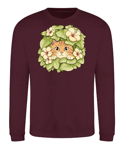 Garden Cat - cat, garden, botanical, plants, flowers, hibiscus, floral, nature, cottagecore, botanic, green, tropical, leaf, foliage, cute, kawaii, feline, pet, cozy, spring, illustration, aesthetic, vintage, whimsical, forest, bloom, peaceful, adorable, art, nursery - Sweatshirt