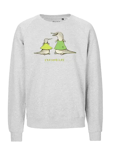 Zwei Graue Krokodile Bunte Kleider Süßes Wortspiel - Krokodile in bunten Kleidern, tierisches Wortspiel, Punkte Karo Krokodil, tierische Humor Illustration, handgefertigte Skizzen Kunst, süßes Mode Krokodil, kreativer Tier Druck, visueller Humor Tier, Krokodil Liebhaber Geschenk, lustiges Tier Shirt, limegrünes Krokodil, handgezeichnete Tier Kunst, englisches Tier Wortspiel, elegante Tier Illustration, kreativer Humor Druck - Fairtrade Sweatshirt