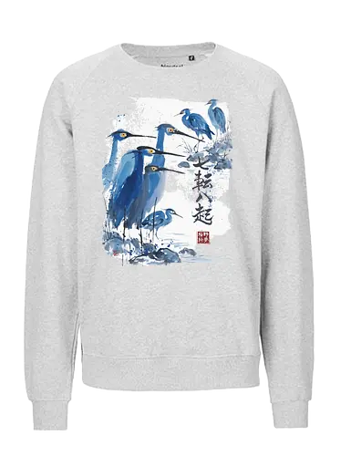 Japanischer Blaureiher – Sumi-e Vogelkunst Traditionelle Tuschemalerei - Japanischer Reiher, Blaureiher, Sumi-e, Japanische Kunst, Tuschemalerei, Vogelkunst, Zen, Naturmotiv, Aquarell, Minimalismus, Asiatische Kunst, Wandkunst, Vogel Illustration, Japan Stil, Wildlife - Fairtrade Sweatshirt