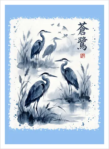 Blauer Kranich – Japanische Zen Aquarellkunst - Kranich, Japanischer Kranich, Sumi-e, Zen Kunst, Aquarell, Vogelkunst, Naturmotiv, Asiatische Kunst, Minimalismus, Wildlife, Wandkunst, Japan Stil, Tuschemalerei, Bird Art, Elegant - Kunstdruck