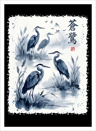 Blauer Kranich – Japanische Zen Aquarellkunst