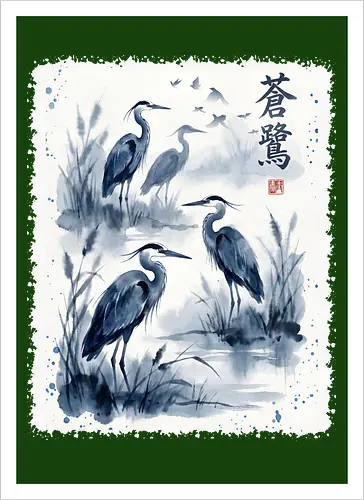 Blauer Kranich – Japanische Zen Aquarellkunst