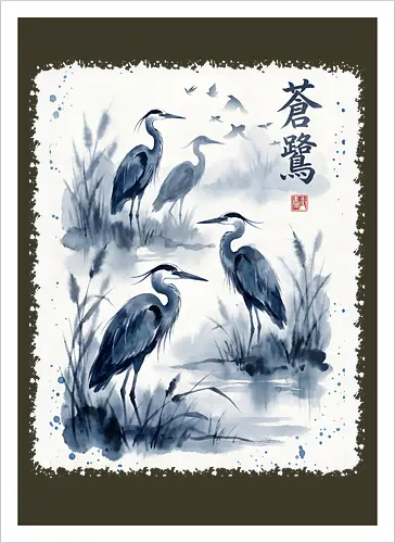 Blauer Kranich – Japanische Zen Aquarellkunst - Kranich, Japanischer Kranich, Sumi-e, Zen Kunst, Aquarell, Vogelkunst, Naturmotiv, Asiatische Kunst, Minimalismus, Wildlife, Wandkunst, Japan Stil, Tuschemalerei, Bird Art, Elegant - Kunstdruck