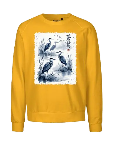 Blauer Kranich – Japanische Zen Aquarellkunst - Kranich, Japanischer Kranich, Sumi-e, Zen Kunst, Aquarell, Vogelkunst, Naturmotiv, Asiatische Kunst, Minimalismus, Wildlife, Wandkunst, Japan Stil, Tuschemalerei, Bird Art, Elegant - Fairtrade Sweatshirt