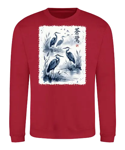 Blauer Kranich – Japanische Zen Aquarellkunst - Kranich, Japanischer Kranich, Sumi-e, Zen Kunst, Aquarell, Vogelkunst, Naturmotiv, Asiatische Kunst, Minimalismus, Wildlife, Wandkunst, Japan Stil, Tuschemalerei, Bird Art, Elegant - Sweatshirt