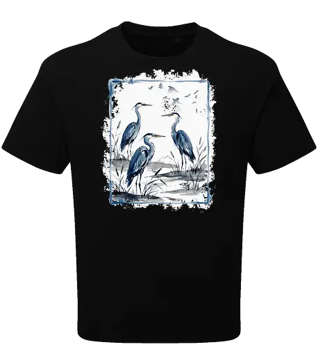 Minimalistischer Blaureiher – Japanische Aquarell Vogelkunst - Blaureiher, Reiher, Minimalismus, Japanische Kunst, Sumi-e, Aquarell, Vogelmotiv, Zen, Naturkunst, Asiatisches Design, Wildlife, Wandkunst, Ink Painting, Vogel Illustration, Japan Stil - Oversize T-Shirt