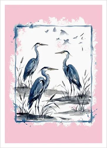 Minimalistischer Blaureiher – Japanische Aquarell Vogelkunst - Blaureiher, Reiher, Minimalismus, Japanische Kunst, Sumi-e, Aquarell, Vogelmotiv, Zen, Naturkunst, Asiatisches Design, Wildlife, Wandkunst, Ink Painting, Vogel Illustration, Japan Stil - Kunstdruck