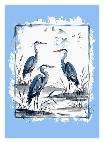 Minimalistischer Blaureiher – Japanische Aquarell Vogelkunst - Blaureiher, Reiher, Minimalismus, Japanische Kunst, Sumi-e, Aquarell, Vogelmotiv, Zen, Naturkunst, Asiatisches Design, Wildlife, Wandkunst, Ink Painting, Vogel Illustration, Japan Stil - Kunstdruck