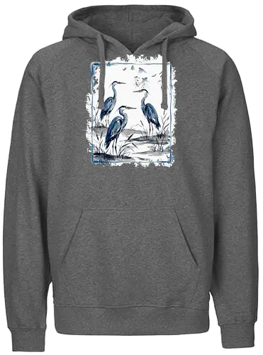 Minimalistischer Blaureiher – Japanische Aquarell Vogelkunst - Blaureiher, Reiher, Minimalismus, Japanische Kunst, Sumi-e, Aquarell, Vogelmotiv, Zen, Naturkunst, Asiatisches Design, Wildlife, Wandkunst, Ink Painting, Vogel Illustration, Japan Stil - Fairtrade Hoodie