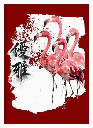 Flamingos – Japanischer Zen Aquarellstil