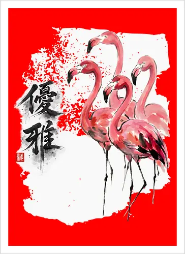 Flamingos – Japanischer Zen Aquarellstil