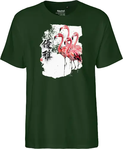 Flamingos – Japanischer Zen Aquarellstil - Flamingo, Flamingos, Zen Kunst, Japanische Kunst, Aquarell, Sumi-e, Tropenvogel, Vogel Illustration, Naturmotiv, Minimalismus, Wildlife, Bird Art, Asiatische Kunst, Rosa Vogel, Wandkunst - Fairtrade T-Shirt