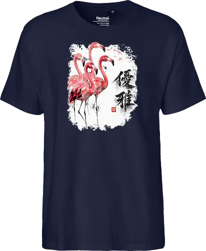 Elegante Flamingos – Japanische Tuschemalerei & Aquarell - Flamingos, Japanische Kunst, Tuschemalerei, Sumi-e, Aquarell, Tropenvögel, Vogelmotiv, Naturkunst, Zen, Asiatische Kunst, Wildlife, Rosa Flamingo, Bird Art, Wandkunst, Illustration - Fairtrade T-Shirt