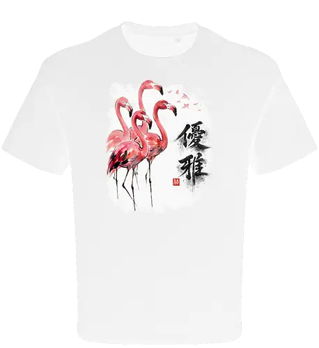 Elegante Flamingos – Japanische Tuschemalerei & Aquarell - Flamingos, Japanische Kunst, Tuschemalerei, Sumi-e, Aquarell, Tropenvögel, Vogelmotiv, Naturkunst, Zen, Asiatische Kunst, Wildlife, Rosa Flamingo, Bird Art, Wandkunst, Illustration - Oversize T-Shirt
