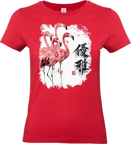 Elegante Flamingos – Japanische Tuschemalerei & Aquarell - Flamingos, Japanische Kunst, Tuschemalerei, Sumi-e, Aquarell, Tropenvögel, Vogelmotiv, Naturkunst, Zen, Asiatische Kunst, Wildlife, Rosa Flamingo, Bird Art, Wandkunst, Illustration - Standard T-Shirt (Frauen)