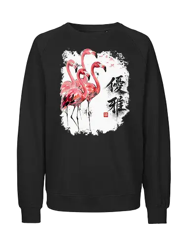 Elegante Flamingos – Japanische Tuschemalerei & Aquarell - Flamingos, Japanische Kunst, Tuschemalerei, Sumi-e, Aquarell, Tropenvögel, Vogelmotiv, Naturkunst, Zen, Asiatische Kunst, Wildlife, Rosa Flamingo, Bird Art, Wandkunst, Illustration - Fairtrade Sweatshirt