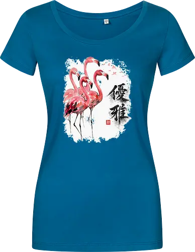 Elegante Flamingos – Japanische Tuschemalerei & Aquarell - Flamingos, Japanische Kunst, Tuschemalerei, Sumi-e, Aquarell, Tropenvögel, Vogelmotiv, Naturkunst, Zen, Asiatische Kunst, Wildlife, Rosa Flamingo, Bird Art, Wandkunst, Illustration - Damen T-Shirt