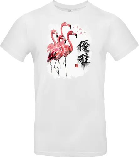 Elegante Flamingos – Japanische Tuschemalerei & Aquarell - Flamingos, Japanische Kunst, Tuschemalerei, Sumi-e, Aquarell, Tropenvögel, Vogelmotiv, Naturkunst, Zen, Asiatische Kunst, Wildlife, Rosa Flamingo, Bird Art, Wandkunst, Illustration - Standard T-Shirt
