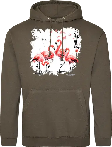 Rosa Flamingos – Japanische Aquarell Vogelkunst - Flamingo, Rosa Flamingo, Aquarell, Japanische Kunst, Tropenvogel, Vogelmotiv, Minimalismus, Naturkunst, Wildlife, Zen, Asiatische Kunst, Sommer, Bird Art, Wandkunst, Illustration - Standard Hoodie