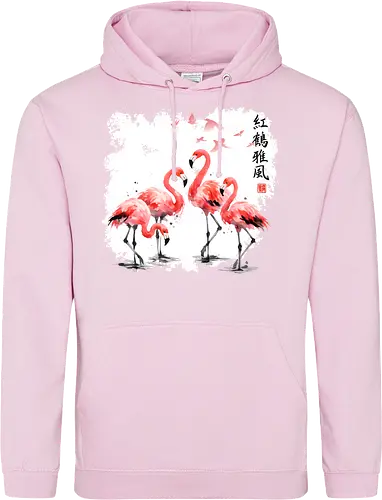 Rosa Flamingos – Japanische Aquarell Vogelkunst - Flamingo, Rosa Flamingo, Aquarell, Japanische Kunst, Tropenvogel, Vogelmotiv, Minimalismus, Naturkunst, Wildlife, Zen, Asiatische Kunst, Sommer, Bird Art, Wandkunst, Illustration - Standard Hoodie