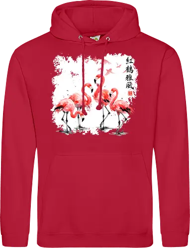 Rosa Flamingos – Japanische Aquarell Vogelkunst - Flamingo, Rosa Flamingo, Aquarell, Japanische Kunst, Tropenvogel, Vogelmotiv, Minimalismus, Naturkunst, Wildlife, Zen, Asiatische Kunst, Sommer, Bird Art, Wandkunst, Illustration - Standard Hoodie