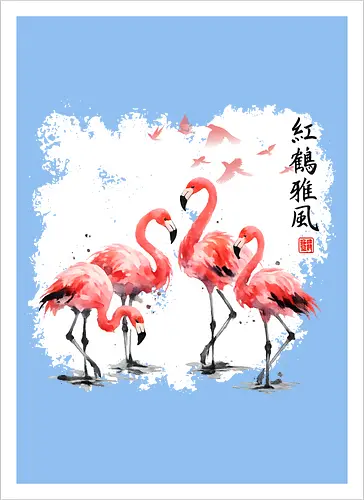 Rosa Flamingos – Japanische Aquarell Vogelkunst - Flamingo, Rosa Flamingo, Aquarell, Japanische Kunst, Tropenvogel, Vogelmotiv, Minimalismus, Naturkunst, Wildlife, Zen, Asiatische Kunst, Sommer, Bird Art, Wandkunst, Illustration - Kunstdruck