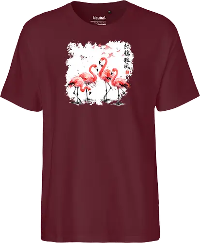 Rosa Flamingos – Japanische Aquarell Vogelkunst - Flamingo, Rosa Flamingo, Aquarell, Japanische Kunst, Tropenvogel, Vogelmotiv, Minimalismus, Naturkunst, Wildlife, Zen, Asiatische Kunst, Sommer, Bird Art, Wandkunst, Illustration - Fairtrade T-Shirt