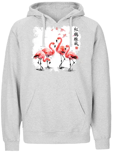 Rosa Flamingos – Japanische Aquarell Vogelkunst - Flamingo, Rosa Flamingo, Aquarell, Japanische Kunst, Tropenvogel, Vogelmotiv, Minimalismus, Naturkunst, Wildlife, Zen, Asiatische Kunst, Sommer, Bird Art, Wandkunst, Illustration - Fairtrade Hoodie
