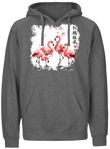 Rosa Flamingos – Japanische Aquarell Vogelkunst - Flamingo, Rosa Flamingo, Aquarell, Japanische Kunst, Tropenvogel, Vogelmotiv, Minimalismus, Naturkunst, Wildlife, Zen, Asiatische Kunst, Sommer, Bird Art, Wandkunst, Illustration - Fairtrade Hoodie