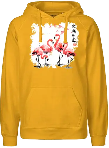 Rosa Flamingos – Japanische Aquarell Vogelkunst - Flamingo, Rosa Flamingo, Aquarell, Japanische Kunst, Tropenvogel, Vogelmotiv, Minimalismus, Naturkunst, Wildlife, Zen, Asiatische Kunst, Sommer, Bird Art, Wandkunst, Illustration - Fairtrade Hoodie