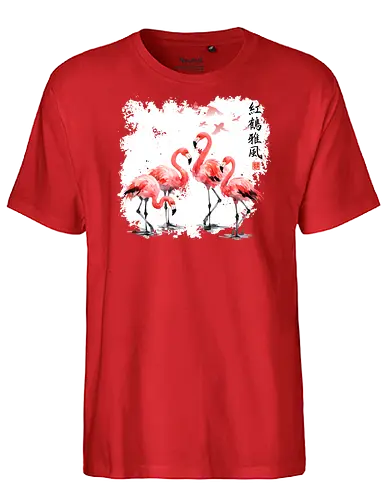 Rosa Flamingos – Japanische Aquarell Vogelkunst - Flamingo, Rosa Flamingo, Aquarell, Japanische Kunst, Tropenvogel, Vogelmotiv, Minimalismus, Naturkunst, Wildlife, Zen, Asiatische Kunst, Sommer, Bird Art, Wandkunst, Illustration - Fairtrade T-Shirt