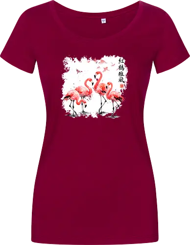 Rosa Flamingos – Japanische Aquarell Vogelkunst - Flamingo, Rosa Flamingo, Aquarell, Japanische Kunst, Tropenvogel, Vogelmotiv, Minimalismus, Naturkunst, Wildlife, Zen, Asiatische Kunst, Sommer, Bird Art, Wandkunst, Illustration - Damen T-Shirt