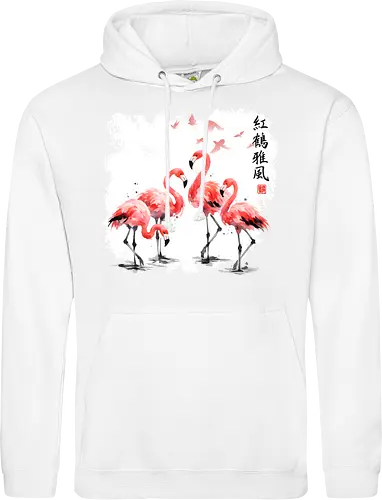 Rosa Flamingos – Japanische Aquarell Vogelkunst - Flamingo, Rosa Flamingo, Aquarell, Japanische Kunst, Tropenvogel, Vogelmotiv, Minimalismus, Naturkunst, Wildlife, Zen, Asiatische Kunst, Sommer, Bird Art, Wandkunst, Illustration - Standard Hoodie