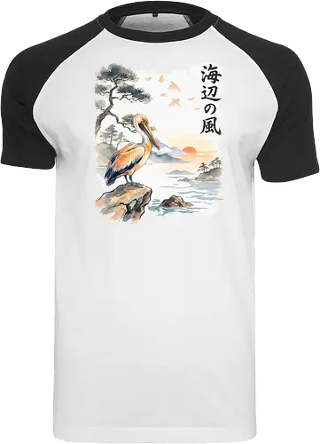 Japanischer Küstenvogel – Sumi-e Landschaft & Naturkunst - Pelikan, Küstenvogel, Japanische Landschaft, Sumi-e, Aquarell, Vogelkunst, Meer, Zen, Naturmotiv, Asiatische Kunst, Wildlife, Sonnenuntergang, Japan Stil, Wandkunst, Illustration - Raglan T-Shirt