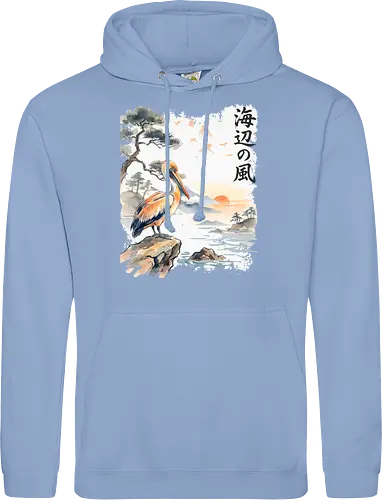 Japanischer Küstenvogel – Sumi-e Landschaft & Naturkunst - Pelikan, Küstenvogel, Japanische Landschaft, Sumi-e, Aquarell, Vogelkunst, Meer, Zen, Naturmotiv, Asiatische Kunst, Wildlife, Sonnenuntergang, Japan Stil, Wandkunst, Illustration - Standard Hoodie