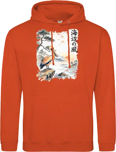 Japanischer Küstenvogel – Sumi-e Landschaft & Naturkunst - Pelikan, Küstenvogel, Japanische Landschaft, Sumi-e, Aquarell, Vogelkunst, Meer, Zen, Naturmotiv, Asiatische Kunst, Wildlife, Sonnenuntergang, Japan Stil, Wandkunst, Illustration - Standard Hoodie