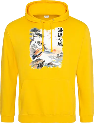 Japanischer Küstenvogel – Sumi-e Landschaft & Naturkunst - Pelikan, Küstenvogel, Japanische Landschaft, Sumi-e, Aquarell, Vogelkunst, Meer, Zen, Naturmotiv, Asiatische Kunst, Wildlife, Sonnenuntergang, Japan Stil, Wandkunst, Illustration - Standard Hoodie