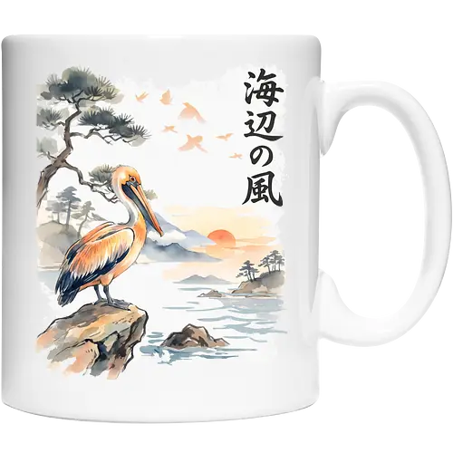Japanischer Küstenvogel – Sumi-e Landschaft & Naturkunst - Pelikan, Küstenvogel, Japanische Landschaft, Sumi-e, Aquarell, Vogelkunst, Meer, Zen, Naturmotiv, Asiatische Kunst, Wildlife, Sonnenuntergang, Japan Stil, Wandkunst, Illustration - Keramiktasse