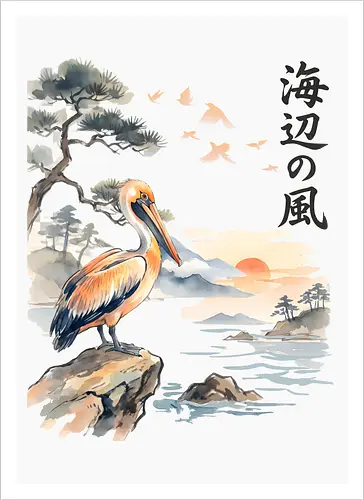 Japanischer Küstenvogel – Sumi-e Landschaft & Naturkunst - Pelikan, Küstenvogel, Japanische Landschaft, Sumi-e, Aquarell, Vogelkunst, Meer, Zen, Naturmotiv, Asiatische Kunst, Wildlife, Sonnenuntergang, Japan Stil, Wandkunst, Illustration - Kunstdruck