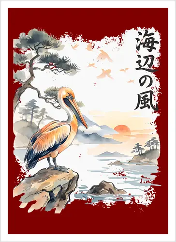 Japanischer Küstenvogel – Sumi-e Landschaft & Naturkunst - Pelikan, Küstenvogel, Japanische Landschaft, Sumi-e, Aquarell, Vogelkunst, Meer, Zen, Naturmotiv, Asiatische Kunst, Wildlife, Sonnenuntergang, Japan Stil, Wandkunst, Illustration - Kunstdruck
