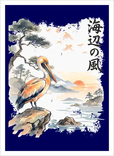 Japanischer Küstenvogel – Sumi-e Landschaft & Naturkunst - Pelikan, Küstenvogel, Japanische Landschaft, Sumi-e, Aquarell, Vogelkunst, Meer, Zen, Naturmotiv, Asiatische Kunst, Wildlife, Sonnenuntergang, Japan Stil, Wandkunst, Illustration - Kunstdruck