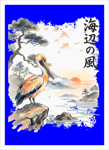 Japanischer Küstenvogel – Sumi-e Landschaft & Naturkunst - Pelikan, Küstenvogel, Japanische Landschaft, Sumi-e, Aquarell, Vogelkunst, Meer, Zen, Naturmotiv, Asiatische Kunst, Wildlife, Sonnenuntergang, Japan Stil, Wandkunst, Illustration - Kunstdruck