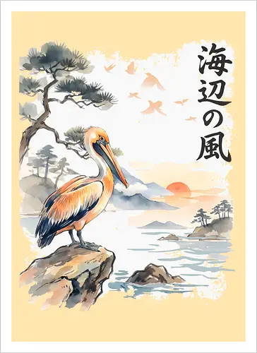 Japanischer Küstenvogel – Sumi-e Landschaft & Naturkunst - Pelikan, Küstenvogel, Japanische Landschaft, Sumi-e, Aquarell, Vogelkunst, Meer, Zen, Naturmotiv, Asiatische Kunst, Wildlife, Sonnenuntergang, Japan Stil, Wandkunst, Illustration - Kunstdruck